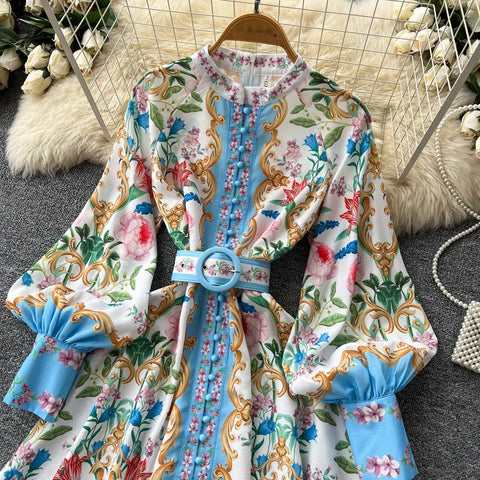 Versailles Summer: French V - Neck Floral Baroque Mini Dress with Lantern Sleeves and Belted Waist - Coscosmos