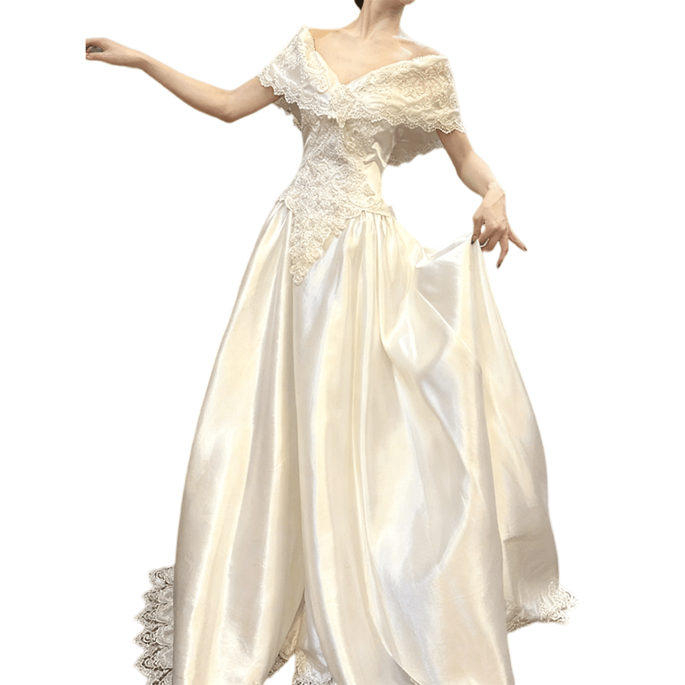 Vintage 90s Off Shoulder Ivory Macrame Lace Wedding Gown Handcrafted Bohemian Bridal Dress Custom Made Retro Elegant Maxi Dress - Coscosmos
