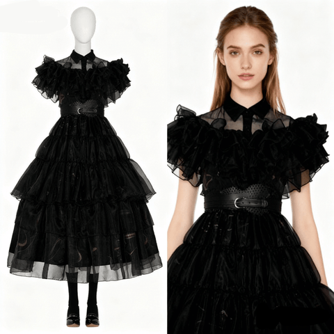Wednesday Addams Cosplay Costume Black Dress for Adults with Shoes - Perfect for Halloween, Carnival, and Parties - Coscosmos