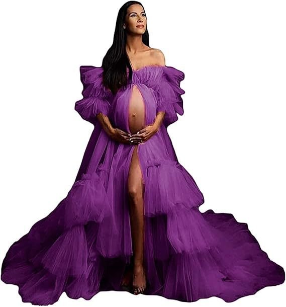 Women's Fluffy Tulle Robe Maternity Gown Photo Shoot Long Transparent Bride Old Hollywood Elegant Floor - Length Dress - Coscosmos