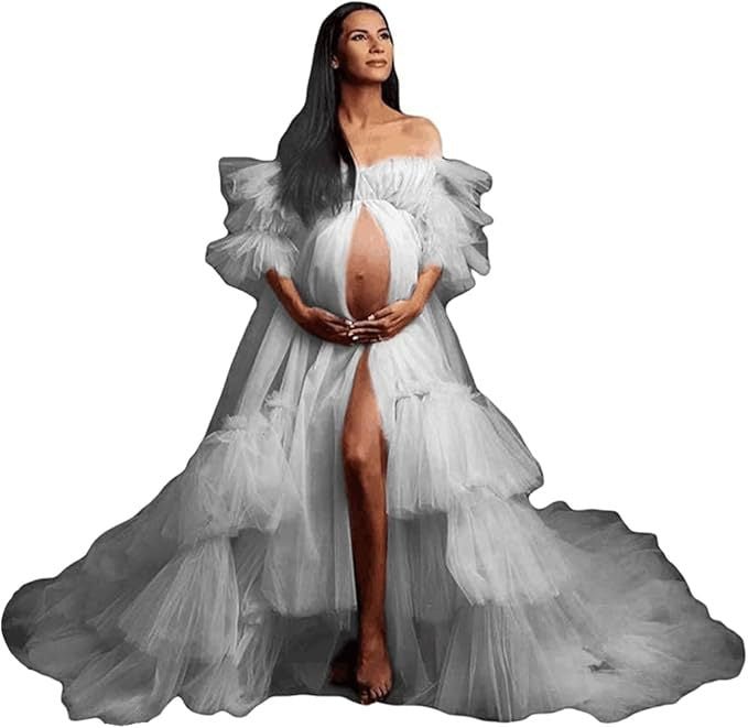 Women's Fluffy Tulle Robe Maternity Gown Photo Shoot Long Transparent Bride Old Hollywood Elegant Floor - Length Dress - Coscosmos