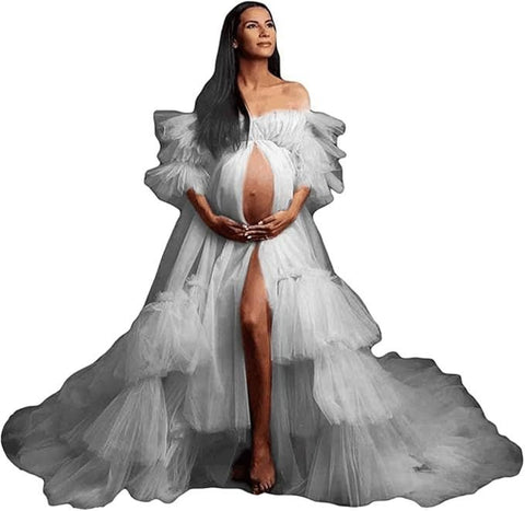 Women's Fluffy Tulle Robe Maternity Gown Photo Shoot Long Transparent Bride Old Hollywood Elegant Floor - Length Dress - Coscosmos