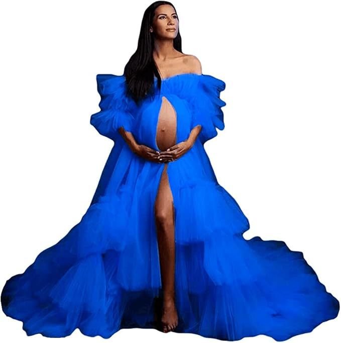 Women's Fluffy Tulle Robe Maternity Gown Photo Shoot Long Transparent Bride Old Hollywood Elegant Floor - Length Dress - Coscosmos