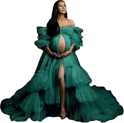 Women's Fluffy Tulle Robe Maternity Gown Photo Shoot Long Transparent Bride Old Hollywood Elegant Floor - Length Dress - Coscosmos