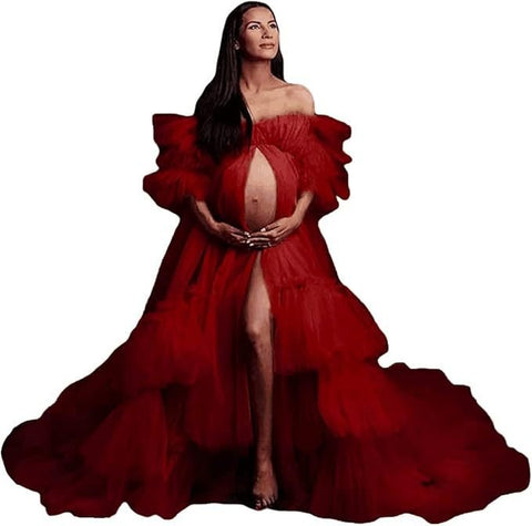 Women's Fluffy Tulle Robe Maternity Gown Photo Shoot Long Transparent Bride Old Hollywood Elegant Floor - Length Dress - Coscosmos