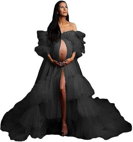 Women's Fluffy Tulle Robe Maternity Gown Photo Shoot Long Transparent Bride Old Hollywood Elegant Floor - Length Dress - Coscosmos