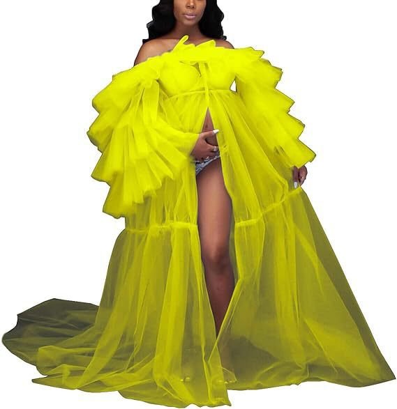 Women's Sheer Chiffon Maternity Dress with Off - Shoulder Sleeves Open Belly Fluffy Lingerie Transparent Photography Gown Lightweight Wedding Dress Sky Blue - Coscosmos