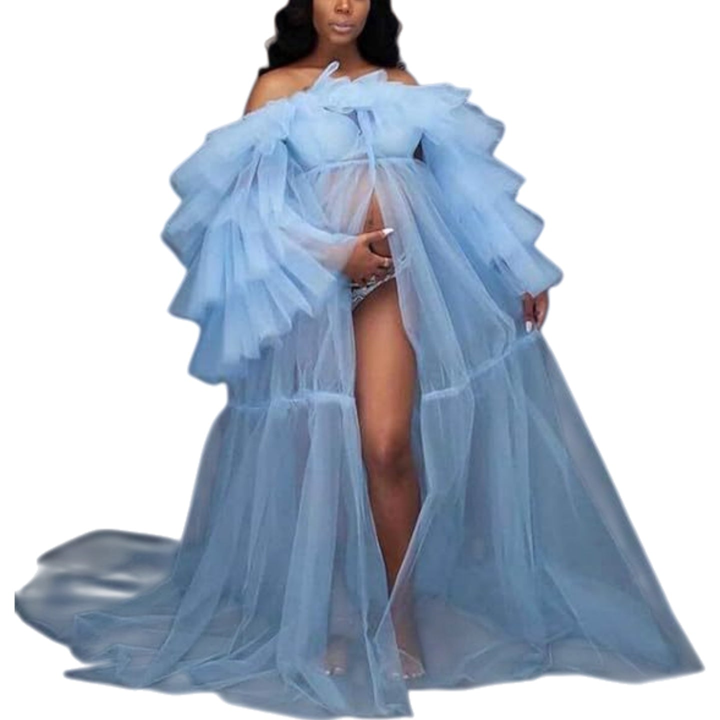 Women's Sheer Chiffon Maternity Dress with Off - Shoulder Sleeves Open Belly Fluffy Lingerie Transparent Photography Gown Lightweight Wedding Dress Sky Blue - Coscosmos