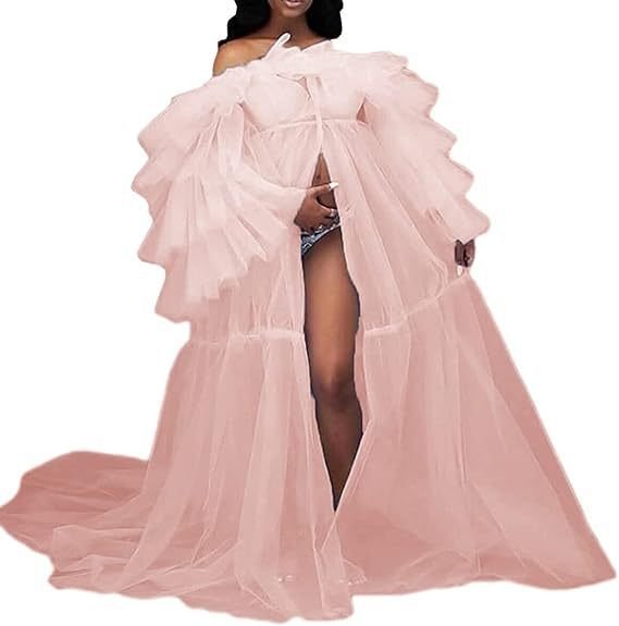 Women's Sheer Chiffon Maternity Dress with Off - Shoulder Sleeves Open Belly Fluffy Lingerie Transparent Photography Gown Lightweight Wedding Dress Sky Blue - Coscosmos