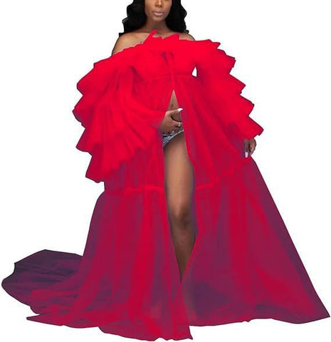 Women's Sheer Chiffon Maternity Dress with Off - Shoulder Sleeves Open Belly Fluffy Lingerie Transparent Photography Gown Lightweight Wedding Dress Sky Blue - Coscosmos