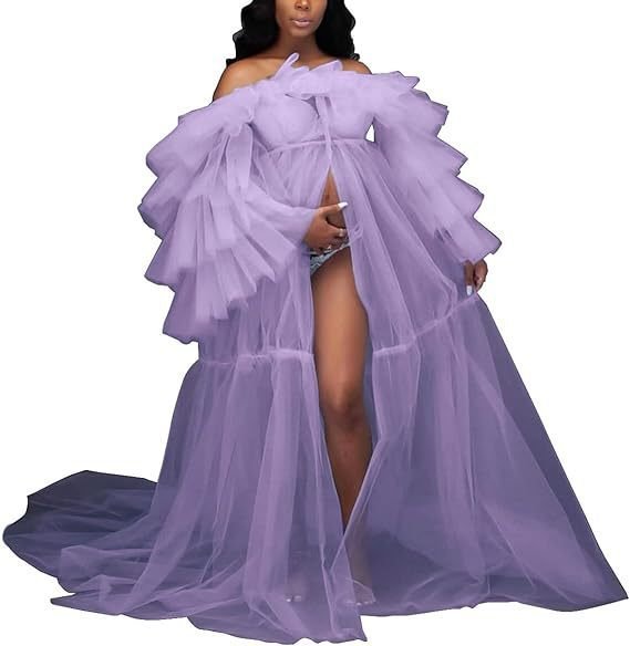 Women's Sheer Chiffon Maternity Dress with Off - Shoulder Sleeves Open Belly Fluffy Lingerie Transparent Photography Gown Lightweight Wedding Dress Sky Blue - Coscosmos