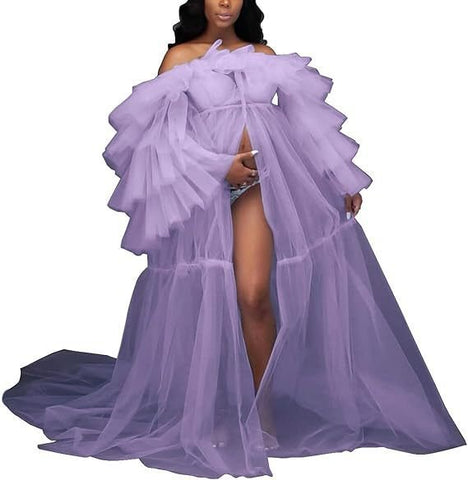 Women's Sheer Chiffon Maternity Dress with Off - Shoulder Sleeves Open Belly Fluffy Lingerie Transparent Photography Gown Lightweight Wedding Dress Sky Blue - Coscosmos