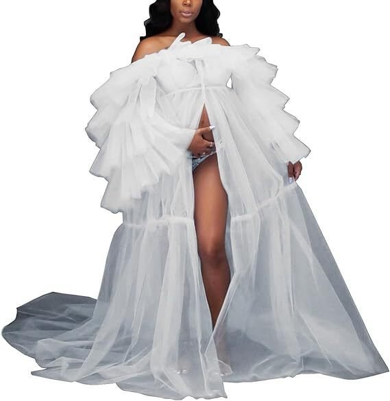 Women's Sheer Chiffon Maternity Dress with Off - Shoulder Sleeves Open Belly Fluffy Lingerie Transparent Photography Gown Lightweight Wedding Dress Sky Blue - Coscosmos