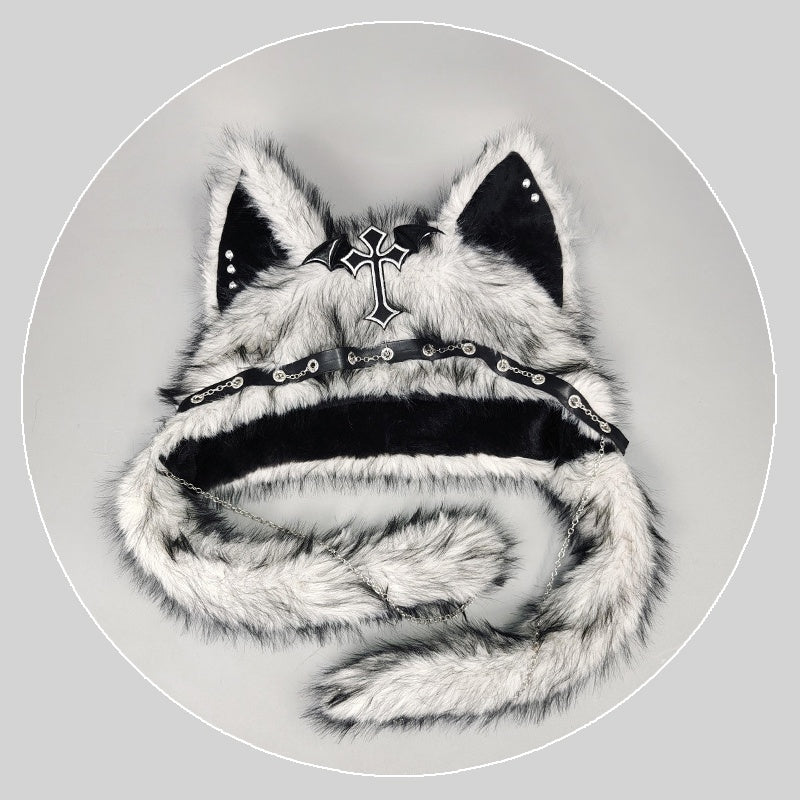 YABI Cat Ear Punk Cross Chain Fluffy Hat - Gothic Kawaii Cosplay Costume Accessory for Women Girls Winter Warm Goth Lolita Fashion - Coscosmos