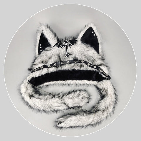 YABI Cat Ear Punk Cross Chain Fluffy Hat - Gothic Kawaii Cosplay Costume Accessory for Women Girls Winter Warm Goth Lolita Fashion - Coscosmos