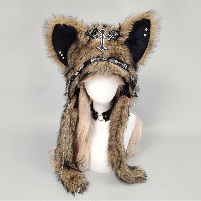 YABI Cat Ear Punk Cross Chain Fluffy Hat - Gothic Kawaii Cosplay Costume Accessory for Women Girls Winter Warm Goth Lolita Fashion - Coscosmos