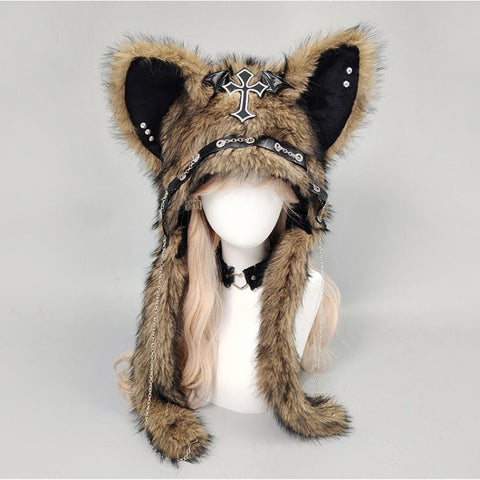 YABI Cat Ear Punk Cross Chain Fluffy Hat - Gothic Kawaii Cosplay Costume Accessory for Women Girls Winter Warm Goth Lolita Fashion - Coscosmos