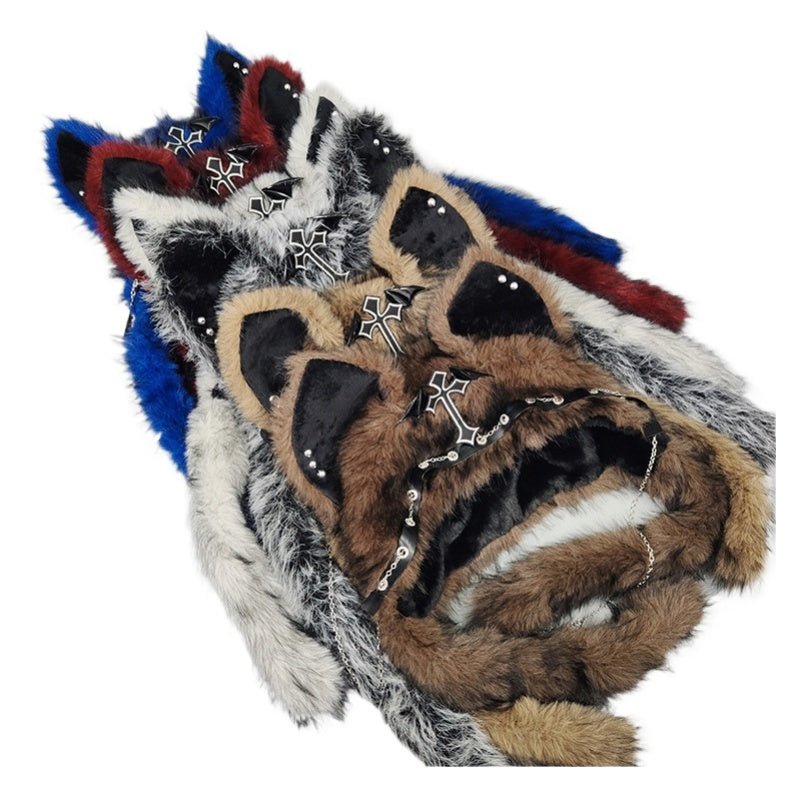 YABI Cat Ear Punk Cross Chain Fluffy Hat - Gothic Kawaii Cosplay Costume Accessory for Women Girls Winter Warm Goth Lolita Fashion - Coscosmos