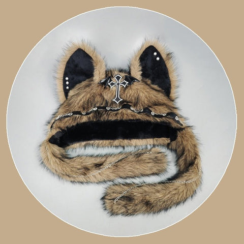 YABI Cat Ear Punk Cross Chain Fluffy Hat - Gothic Kawaii Cosplay Costume Accessory for Women Girls Winter Warm Goth Lolita Fashion - Coscosmos