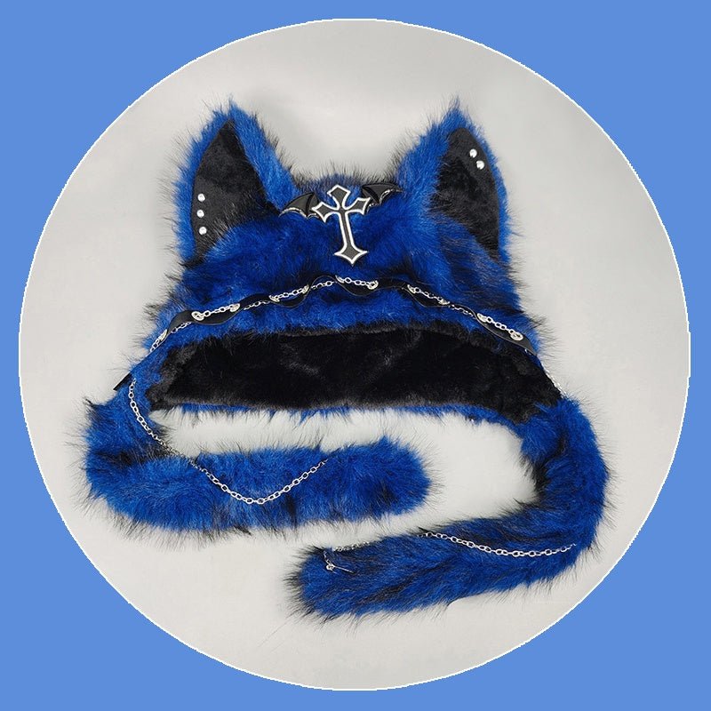 YABI Cat Ear Punk Cross Chain Fluffy Hat - Gothic Kawaii Cosplay Costume Accessory for Women Girls Winter Warm Goth Lolita Fashion - Coscosmos