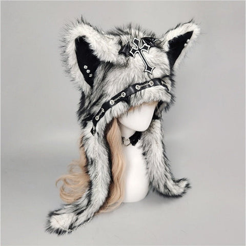 YABI Cat Ear Punk Cross Chain Fluffy Hat - Gothic Kawaii Cosplay Costume Accessory for Women Girls Winter Warm Goth Lolita Fashion - Coscosmos