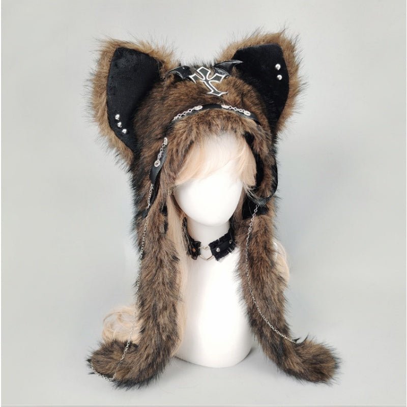 YABI Cat Ear Punk Cross Chain Fluffy Hat - Gothic Kawaii Cosplay Costume Accessory for Women Girls Winter Warm Goth Lolita Fashion - Coscosmos