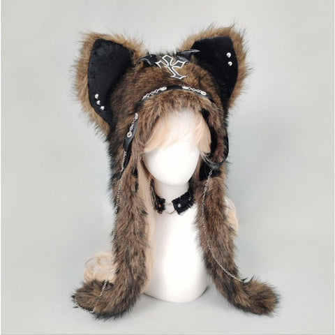 YABI Cat Ear Punk Cross Chain Fluffy Hat - Gothic Kawaii Cosplay Costume Accessory for Women Girls Winter Warm Goth Lolita Fashion - Coscosmos
