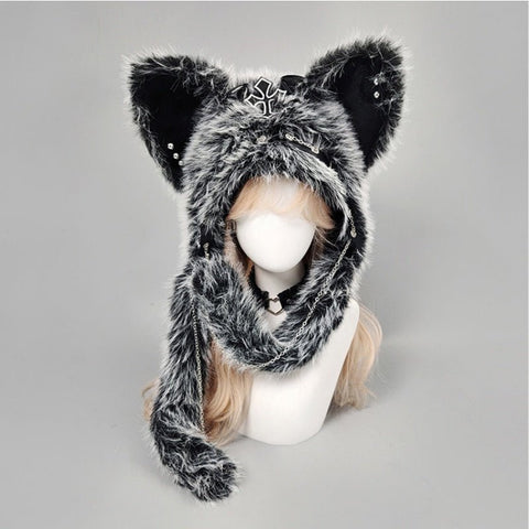 YABI Cat Ear Punk Cross Chain Fluffy Hat - Gothic Kawaii Cosplay Costume Accessory for Women Girls Winter Warm Goth Lolita Fashion - Coscosmos