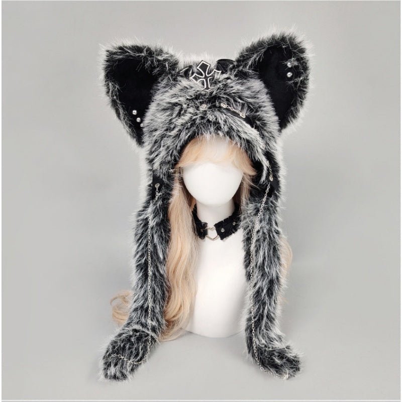 YABI Cat Ear Punk Cross Chain Fluffy Hat - Gothic Kawaii Cosplay Costume Accessory for Women Girls Winter Warm Goth Lolita Fashion - Coscosmos