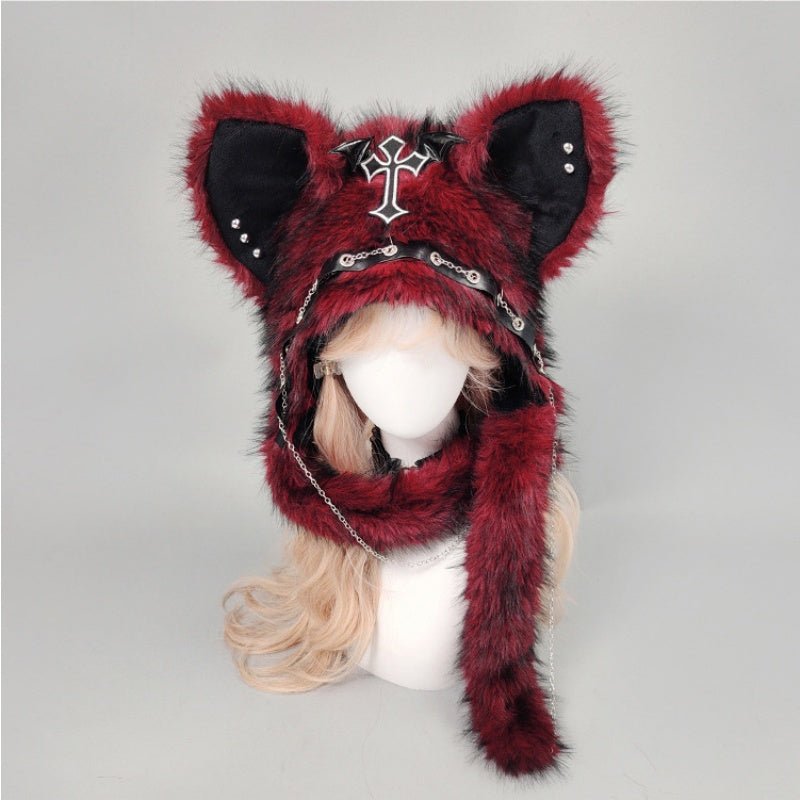 YABI Cat Ear Punk Cross Chain Fluffy Hat - Gothic Kawaii Cosplay Costume Accessory for Women Girls Winter Warm Goth Lolita Fashion - Coscosmos