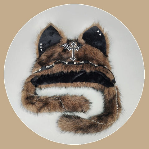 YABI Cat Ear Punk Cross Chain Fluffy Hat - Gothic Kawaii Cosplay Costume Accessory for Women Girls Winter Warm Goth Lolita Fashion - Coscosmos