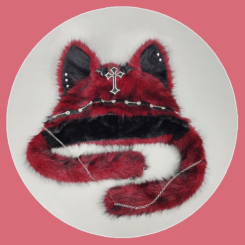 YABI Cat Ear Punk Cross Chain Fluffy Hat - Gothic Kawaii Cosplay Costume Accessory for Women Girls Winter Warm Goth Lolita Fashion - Coscosmos
