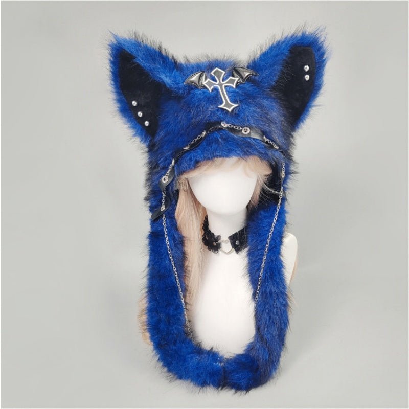 YABI Cat Ear Punk Cross Chain Fluffy Hat - Gothic Kawaii Cosplay Costume Accessory for Women Girls Winter Warm Goth Lolita Fashion - Coscosmos