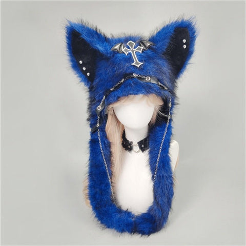 YABI Cat Ear Punk Cross Chain Fluffy Hat - Gothic Kawaii Cosplay Costume Accessory for Women Girls Winter Warm Goth Lolita Fashion - Coscosmos