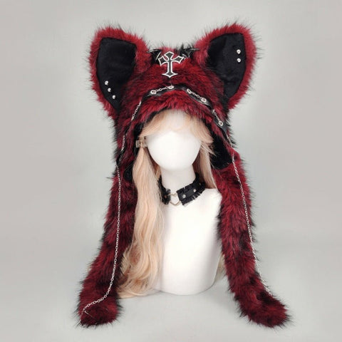 YABI Cat Ear Punk Cross Chain Fluffy Hat - Gothic Kawaii Cosplay Costume Accessory for Women Girls Winter Warm Goth Lolita Fashion - Coscosmos