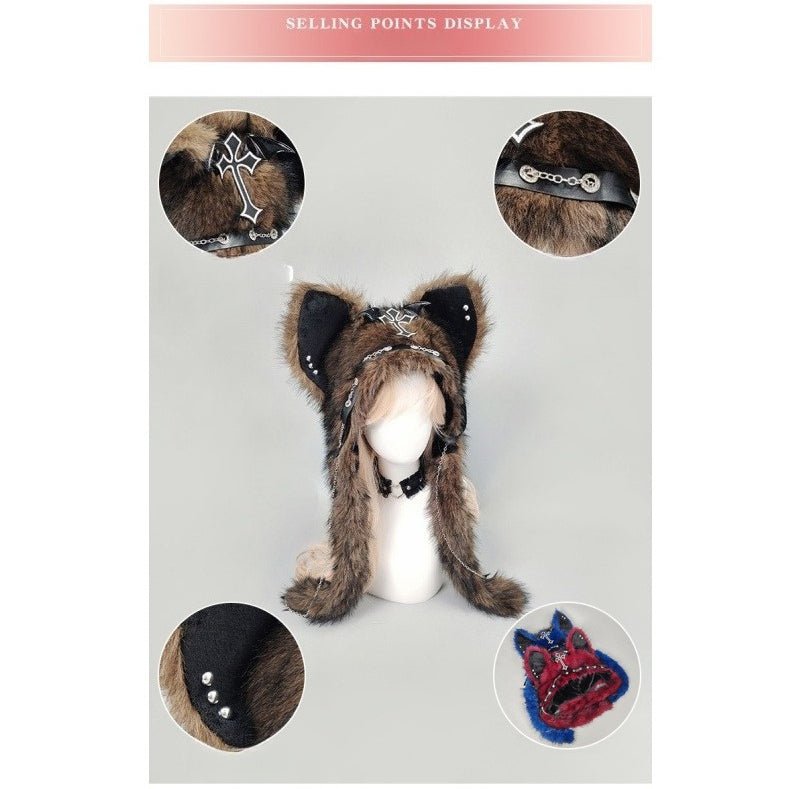 YABI Cat Ear Punk Cross Chain Fluffy Hat - Gothic Kawaii Cosplay Costume Accessory for Women Girls Winter Warm Goth Lolita Fashion - Coscosmos