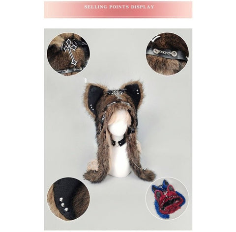 YABI Cat Ear Punk Cross Chain Fluffy Hat - Gothic Kawaii Cosplay Costume Accessory for Women Girls Winter Warm Goth Lolita Fashion - Coscosmos