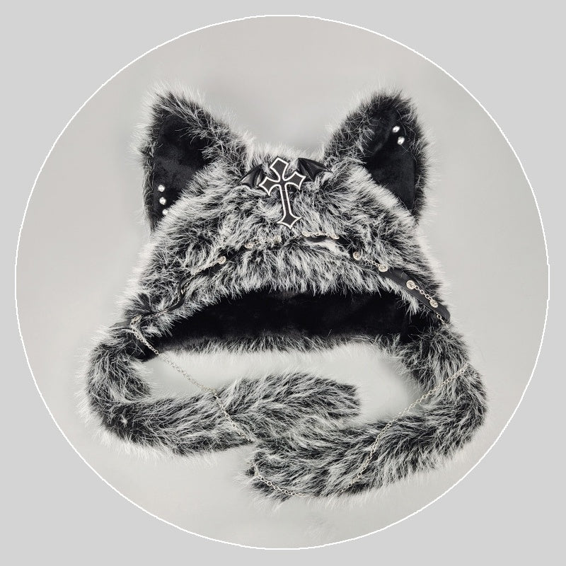 YABI Cat Ear Punk Cross Chain Fluffy Hat - Gothic Kawaii Cosplay Costume Accessory for Women Girls Winter Warm Goth Lolita Fashion - Coscosmos