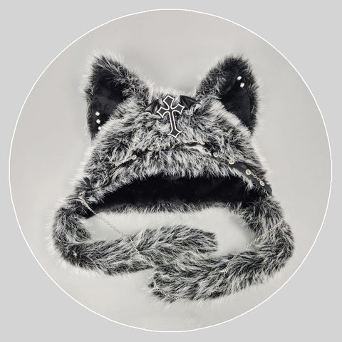 YABI Cat Ear Punk Cross Chain Fluffy Hat - Gothic Kawaii Cosplay Costume Accessory for Women Girls Winter Warm Goth Lolita Fashion - Coscosmos