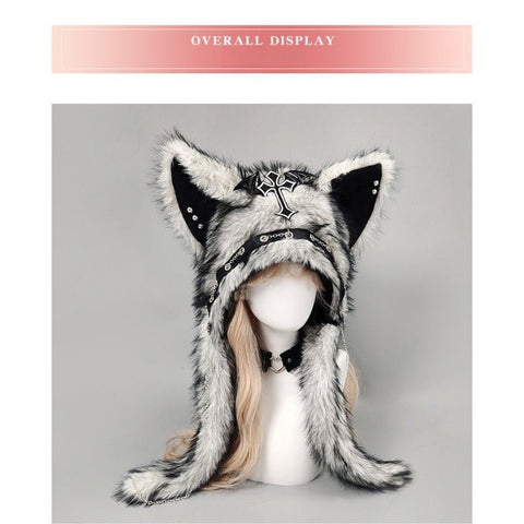 YABI Cat Ear Punk Cross Chain Fluffy Hat - Gothic Kawaii Cosplay Costume Accessory for Women Girls Winter Warm Goth Lolita Fashion - Coscosmos